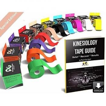 Cinta para kinesiología (2 unidades, o 1 unidades) PHYSIX Gear Sport, 5 cm x 5 m rollo, mejor impermeable soporte muscular adhesivo, Fisioterapia terapéutico ayuda, incluye cinta 82pg paso a paso guía electrónica, (Single) Blue Tape + eGuide