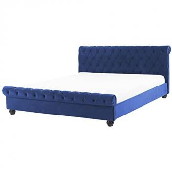 Cama de agua de terciopelo azul marino y madera oscura 160 x 200 cm Avallon