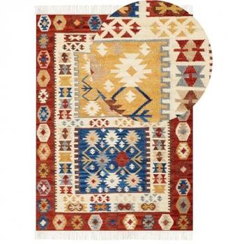 Alfombra Kilim de Lana Multicolor Hecha a Mano 200 x 300 cm con Motivo Oriental y Borlas