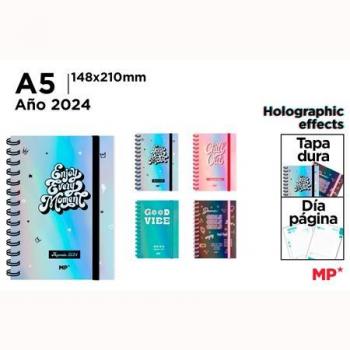 Agenda Anual Espiral Día Página A5 Frases Tapa Dura con Surtidos 2024