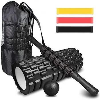 4-en-1 Foam Roller Kit , Rodillo Espuma, Rodillo Masaje, Bola de Masaje, Bandas Elasticas Fitness
