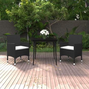 3-Piece Garden Dining Set with Cushions - Poly Rattan and Glass