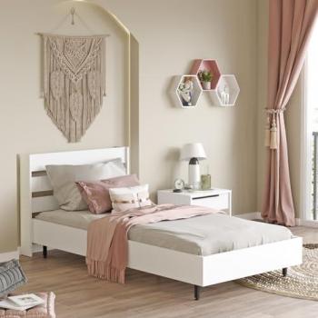 Cama individual Vesanto con somier 100x200 cm - Blanca y cabecera alta