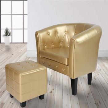 Sillón Chester capitoné con taburete, diseño de rombos, madera y piel sintética, vintage, color a elegir, reposapiés a juego