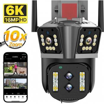 Cámara IP WIFI 6K HD EU 16MP con Zoom Híbrido de 10X, Seguimiento Automático, PTZ, Lente Cuádruple y Pantalla Triple para Seguridad Exterior y Grabación en el Hogar
