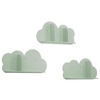 Estantería de pared nube infantil, set de 3, Nephos, verde, 34.5x12x23.5 cm