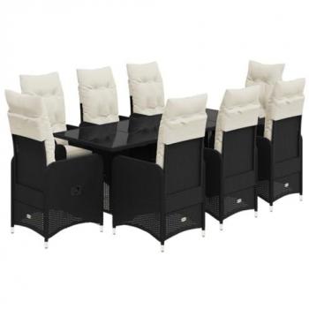 9-Piece Black Poly Rattan Garden Bistro Set with Cushions