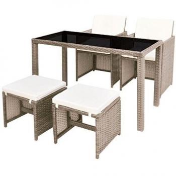 5-Piece Beige Poly Rattan Outdoor Dining Set with Cushions