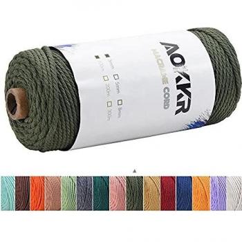 Hilo macramé, AOKKR 3mm x 100m Macrame Cuerda de Algodon Suave de 4 Hilos, Usado para Tapices Macramé, Macrame Cortinas, Macramé Colgador de Plantas, Decoración Bohemia Colores, Verde Oliva