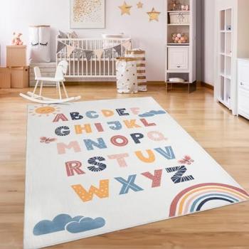 Alfombra Infantil Antideslizante Eliz 394, Rectangular, 140x200 cm, Corto Pelo, Motivo Arcoíris y Alfabeto, Multicolor