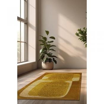 Alfombra plana moderna castaño 140x200 cm y alfombra colección Poum Poum amarilla 140x200 cm