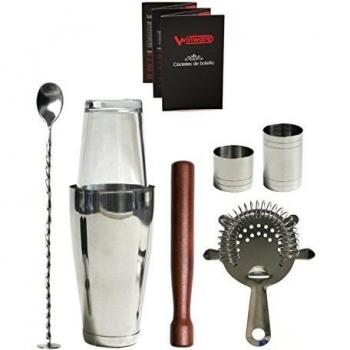 WIN-WARE Juego completo de cotelería Boston. Set de 6 piezas que incluye: colador Hawthorne, cuchara mezcladora con mango trenzado, mortero de madera, dos medidores de 25ml y 50 ml y por supuesto el vaso agitador/mezclador de vidrio y acero inoxidable 