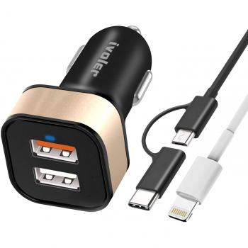 iVoler Quick Charge 3.0 30W 2 Puertos USB Cargador de Coche [QC 3.0 Puerto + Qsmart Puerto 5V/2.4A] con Cable 2 en 1 Micro USB y Tipo C