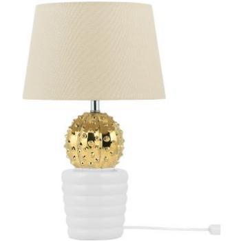 Lámpara de mesa dorada con base ecléctica de cerámica blanca y beige, pantalla de poliéster, diseño moderno Velise