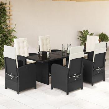 7-Piece Black Poly Rattan Garden Dining Set with Cushions