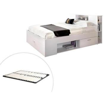 Cama con cabecero con compartimentos y cajones - 140 x 190 cm - Color: blanco + Somier - LEANDRE