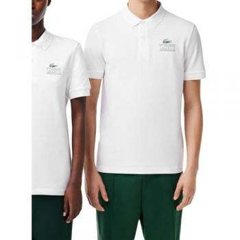 Polo Lacoste unisex en piqué elástico con estampado de la marca, manga corta, color blanco intenso, talla S, modelo PH1136 Regular fit