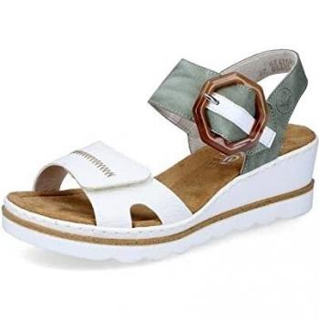 Sandalette RIEKER Damen 42 Verde Mint con Detalles en Blanco, Cuero Sintético, Sandalia de Verano con Cuña y Adorno Destacado