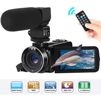 Videocámara FHD 1080P 24MP 3''Vía Táctil Pantalla IR Videocámaras Digitales de visión Nocturna Zoom Digital 16X Grabador de Cámara Vlogging con Micrófono Externo y Control Remoto, 2 Baterías