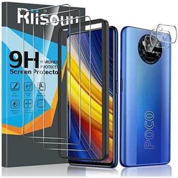 Riisoyu 3+3 Pack Cristal Templado Compatible con Xiaomi Poco X3 NFC/Poco X3 Pro, 3 Pack Protector Pantalla y 3 Pack Protector de Lente de Cámara, 9H Dureza Vidrio Templado con Marco de Posicionamiento