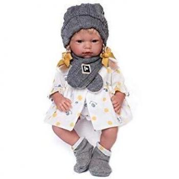Muñecas Guca- MUÑECA Clara Vestido Blanco Y Braguita con Estampado Aceitunas Amarillo,Bufanda Y Gorro.38CM, Multicolor