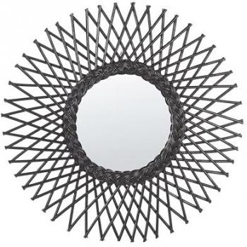 Espejo de Pared Redondo de Ratán Negro 60 cm Forma de Sol Boho con Ganchos de Montaje