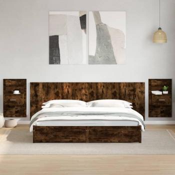 Cabecero cama con mesitas madera ingeniería roble ahumado 240cm Vidaxl Marrón