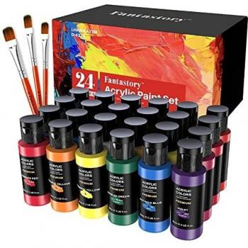 Fantastory Pinturas Acrilicas（24×60ml）, Pintura Acrilica Manualidades con 3 Pinceles, Impermeable, no Se Decolora, para Lienzos, Madera, Cerámica, Ideal para Principiantes y Profesionales