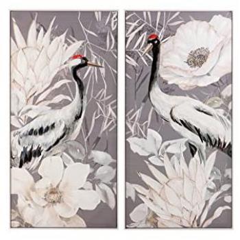 Set de 2 Cuadros Flores 80% Pintados a Mano 60x4x120 cm - Decoración de Pared en Gris y Blanco