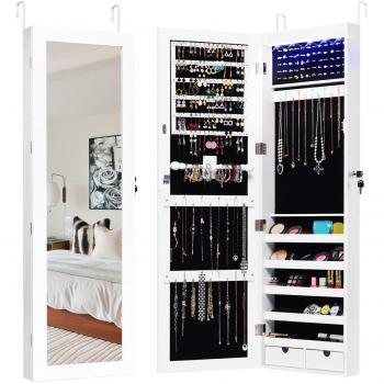 Armario Joyero con Espejo de Cuerpo Entero Blanco, Organizador de Joyas y Maquillajes, Cierre con Llave, Luz LED, Dimensiones 37 x 9,6 x 120 cm