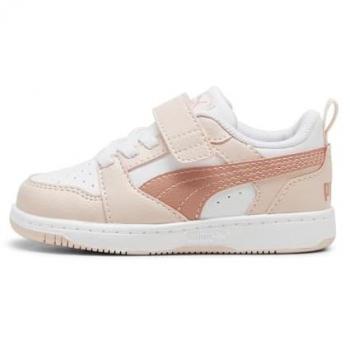 Puma Rebound V6 Lo Zapatillas Multideporte Unisex Bebé, Color Blanco con detalles en Pink y Peach, Talla 22 EU