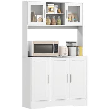 Alacena de Cocina Homcom con 2 Puertas de Vidrio, Encimera Amplia para Microondas, Estantes Ajustables, 108x35x180 cm, Blanco