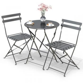Conjunto de Muebles de Jardín Plegable 3 Piezas, Set de Bistro con Mesa Redonda y 2 Sillas de Acero Gris