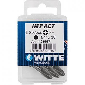 Witte 428555 - Pack de 3 puntas de destornillador PH1, 1/4, 38 mm, en caja, para atornilladores a batería de impacto profesionales