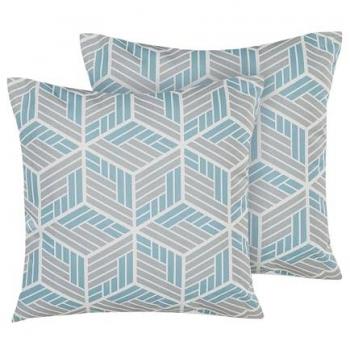 Conjunto de 2 cojines de jardín gris y azul de poliéster cuadrados 45 x 45 cm con efecto 3D y patrón geométrico moderno