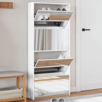 Zapatero con espejo 4 niveles blanco pulido 63x17x134 cm
