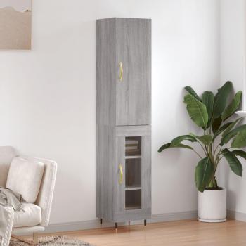 Aparador de madera contrachapada gris Sonoma 34,5x34x180 cm con 1 puerta de cristal, mueble de almacenaje para salón, buffet y armario auxiliar