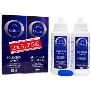 Líquido de lentillas Oûne 2 x 100 ml más portalentes. Solución para limpieza y desinfección de todo tipo de lentes de contacto blandas. Formato viaje.
