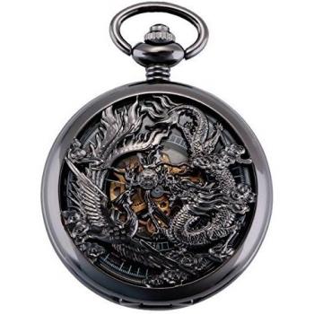 ManChDa Antiguo Negro Hunter Números Romanos Dragon y Phoenix/Reno Patrón Hueco Mecánico Reloj de Bolsillo + Caja de Regalo