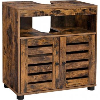 Mueble de lavabo y baño con 2 puertas de persiana, armario de almacenamiento ajustable, estilo marrón rústico, dimensiones 60x30x63 cm