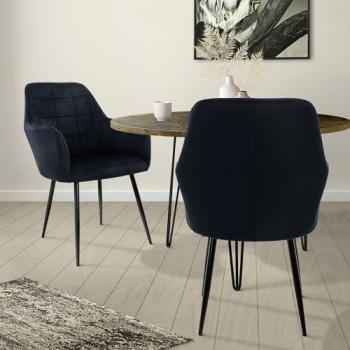 Juego de 2 Sillas de Comedor Negras con Respaldo y Apoyabrazos, Asiento de Terciopelo Tapizado, Estilo Nórdico, Patas de Metal