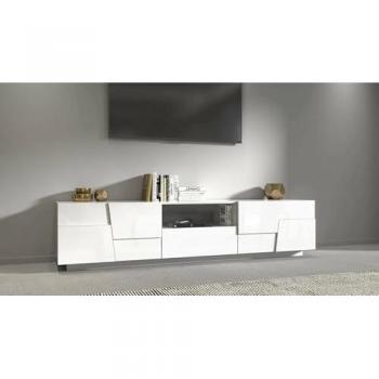 Mueble TV Vanni, Aparador Bajo de Salón con 4 Puertas y 1 Cajón, Base para TV, 220x44x46 cm, Blanco Brillo con Embalaje Reforzado
