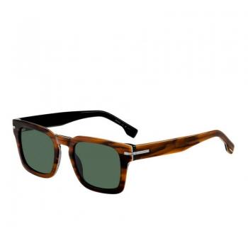 Hugo Boss Stylish Rectangular Sunglasses - Striped Black White, Havana/Green Solid, Male, Size: 50 MM