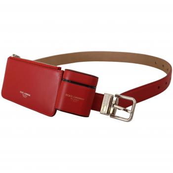 Dolce & Gabbana Women's Red Leather Belt with AirPods Coin Purse - 75 CM