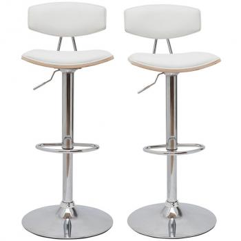 Set de 2 taburetes de cocina regulables en altura, diseño moderno, color blanco con detalles en madera clara, modelo Vasco