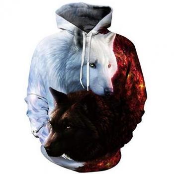 Freshhoodies Hombre 3D Lobo Imprimió Sudadera con Capucha Hoodie Blanco Rojo Novedad Suéter Deporte Capucha con Grandes Bolsillos XXL