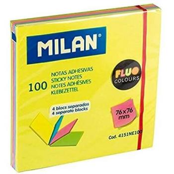 MILAN Bloc 100 notas adhesivas 4 blocs separados colores Fluo 76 x 76 mm