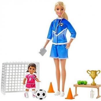Barbie Quiero Ser Entrenadora de Fútbol con niña morena, muñeca con accesorios