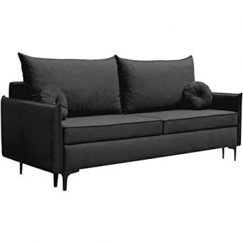 Sofá-cama Clovis 103 con caja de ropa de cama, dimensiones 216 x 101 x 96 cm, funcionalidad de cama y respaldo con cojines móviles