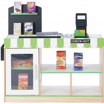 Teamson Kids Cashier Austin Interactive Wooden Play Checkout Stand with Lights and Sounds, Manual Conveyor Belt, Register and Display Spaces, Green/White/Natural Wood, 98.1cm H x 60.3cm W x 29.8